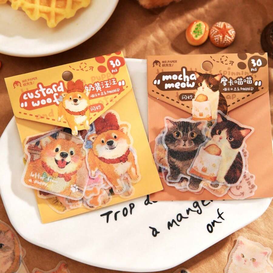 30pcs Cartoon Cat And Dog Stickers Mobile Phone Stickers Item Decoration Stickers Frosted Material Stickers Premium Waterproof Vinyl Stickers For Scrapbooking, Journals, And Laptops - Durable & Decorative Scrapbook Supplies For Adults,School Supplies,Back To School