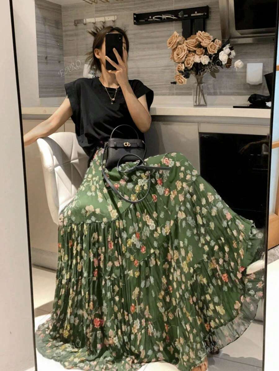 Falda holgada de gasa de cintura alta con estampado floral disperso para mujer EARO, favorecedora y versátil