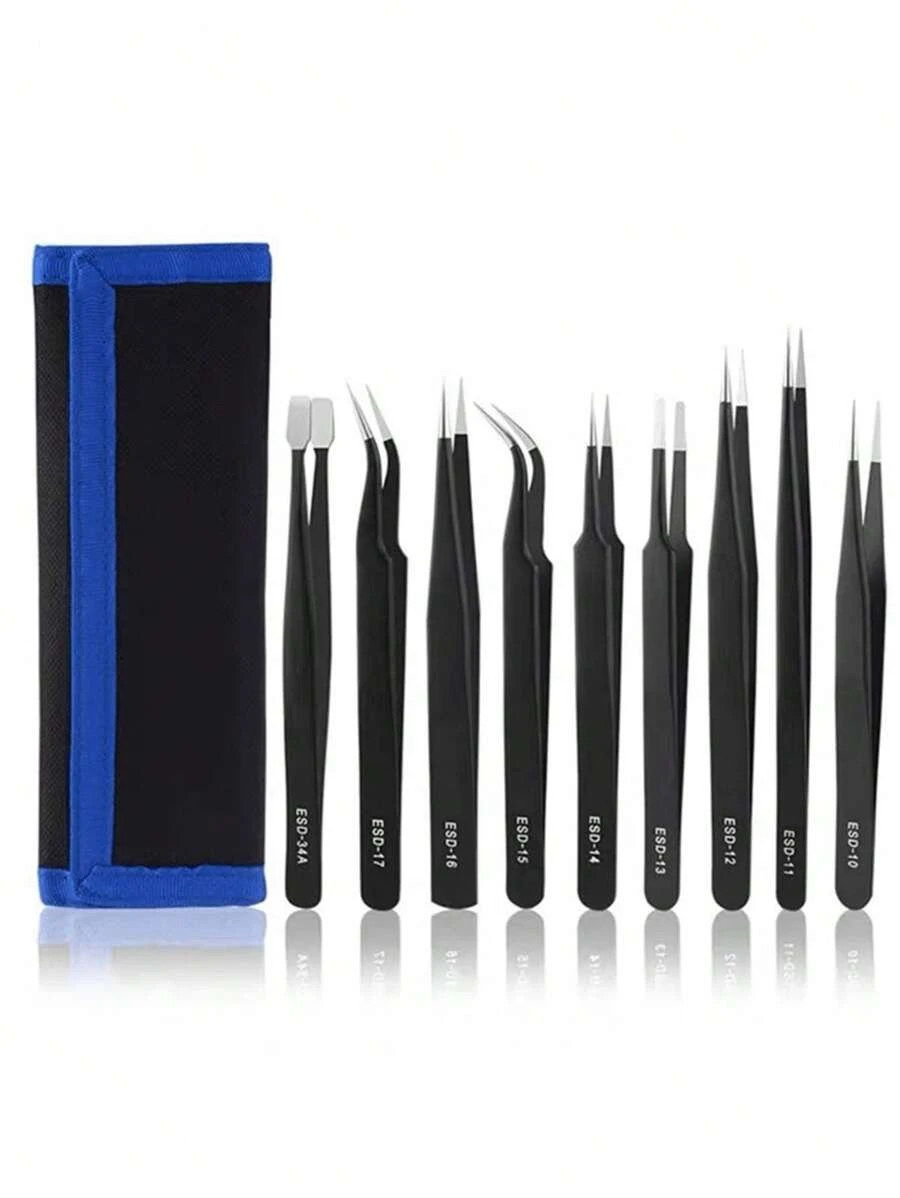 Set di 9 pinzette di precisione in acciaio inossidabile antistatico, adatte per elettronica, saldatura, lavori di laboratorio, creazione di gioielli, modellismo e artigianato