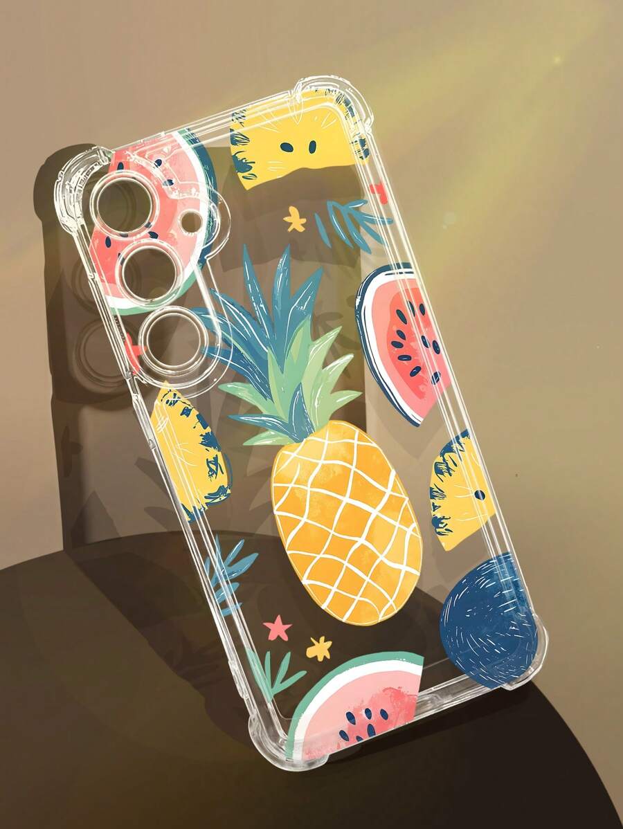 1 pieza Funda de teléfono suave, transparente, antideslizante y a prueba de caídas con elemento de fruta: piña, sandía, hoja y flor compatible con Samsung