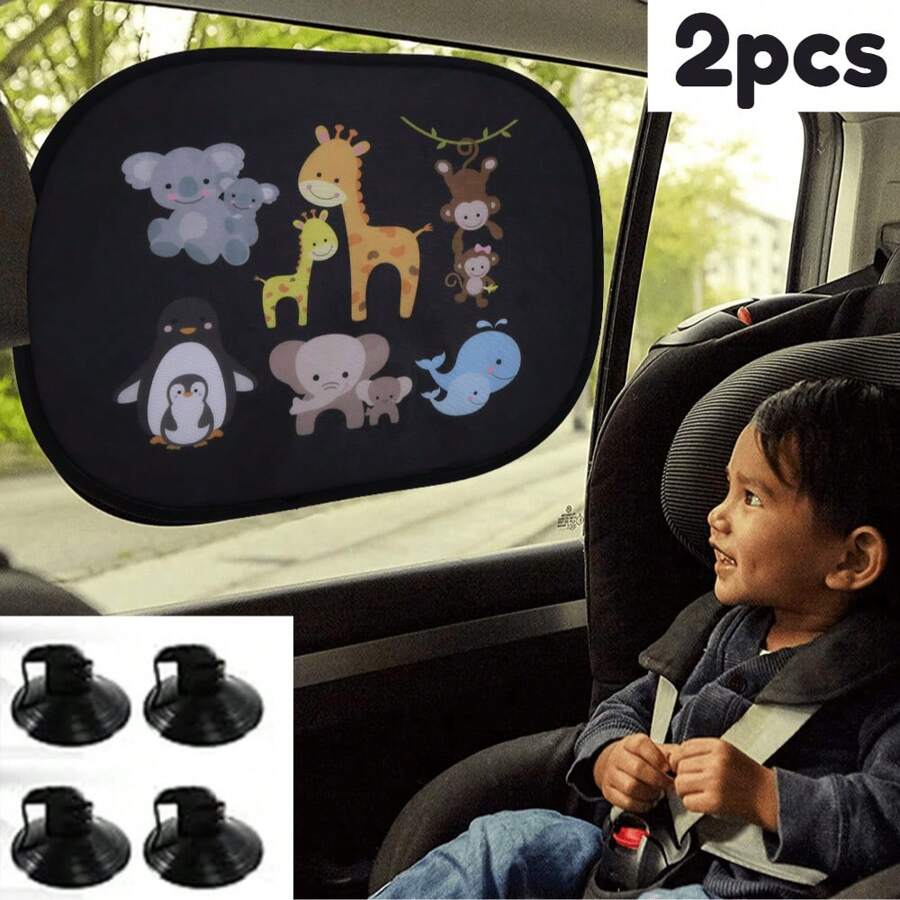 2 piezas Parasol de ventana para automóvil con dibujos animados, Parasol de ventana lateral de película electrostática de PVC con ventosa, protección UV, aislamiento térmico y pantalla solar