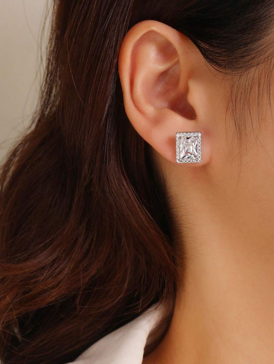 1 Paar neue Mode silberweiße rechteckige klassische vertikale & horizontale doppelseitig tragbare Ohrringe für Frauen, Luxus-Schmuckzubehör, elegante Hochzeits-/Eheohrringe, platinüberzogener kubischer Zirkonia, minimalistisches Design