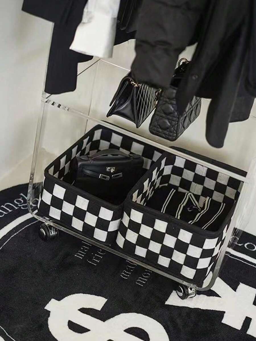 1pc Elegant Black & White Checkerboard Cosmetic Storage Box Dresser Desktop Organizer For Skin Care, Sundries & More - Space-Saving, Folding,Rectangular Design For Clothes & Toy Storage