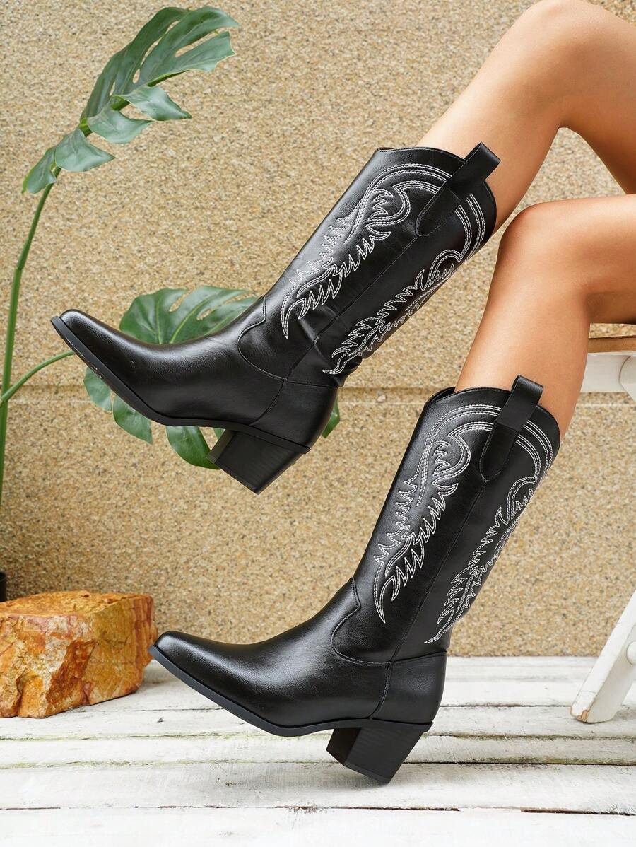 Women's Embroidered Western Mid-Calf Boots, Slip-On, Floral Embroidery Pattern, Chunky Heel Western Boots