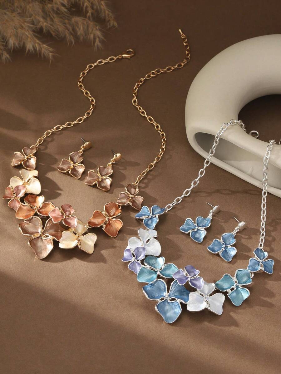 Boho Beach Style Adjustable Women Zinc Alloy Earrings Necklace Jewelry Set - Plumeria Extension Design In Blue & Khaki, Elegant Vintage Versatile For Daily, Party, Beach, Vacation, Unique Holiday Gift