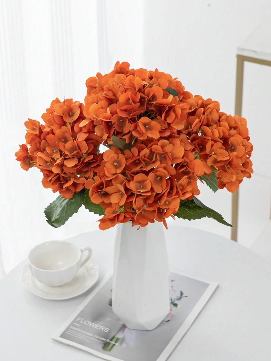 1/3pcs 18.5in Orange Artificial Hydrangea Real-Looking Silk Hydrangea Flower Arrangements High Quality Fake Floral Brunch Pumpkin For DIY Wedding Bouquet Party Home Living Room Kitchen Garden Hotel Office, Wedding Decorations, Autumn Decor, Summer Decor, Fall Decor, Halloween Decor
