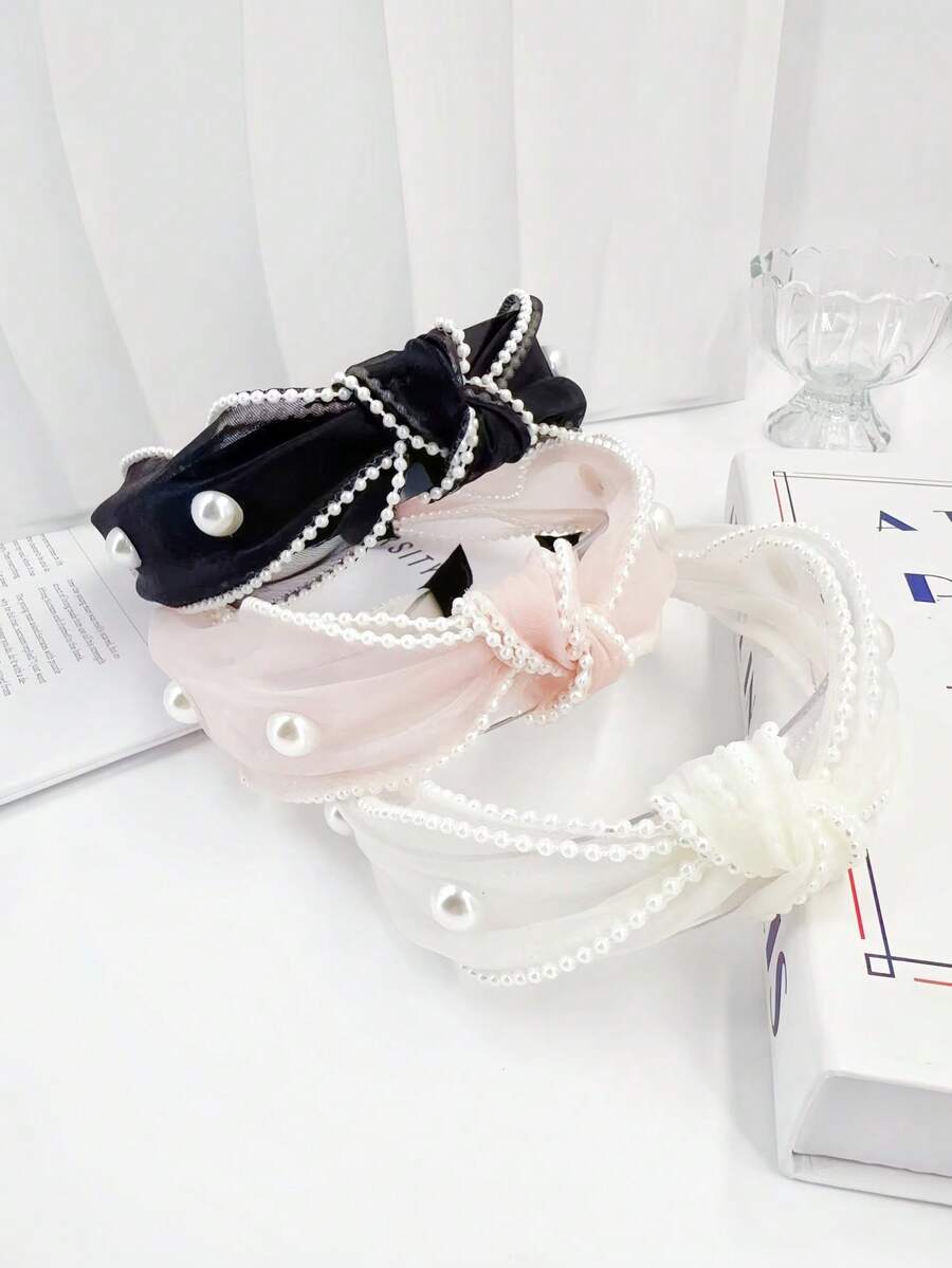 1pc Premium Faux Pearl Embellished Wide Edge Headband With Organza Knot, Elegant & Versatile Hair Accessory, Hairband Headband For Women , Hair Accessories, Diadema, Hair Hoop