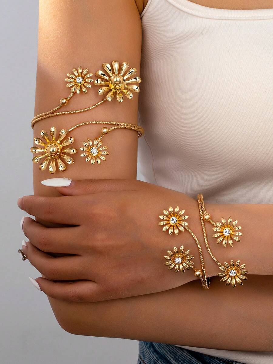 2 peças/Conjunto Pulseira Floral Retrô Dourada para Braço Superior na Moda, Adequada para Uso Diário, Presente de Aniversário para Mulheres