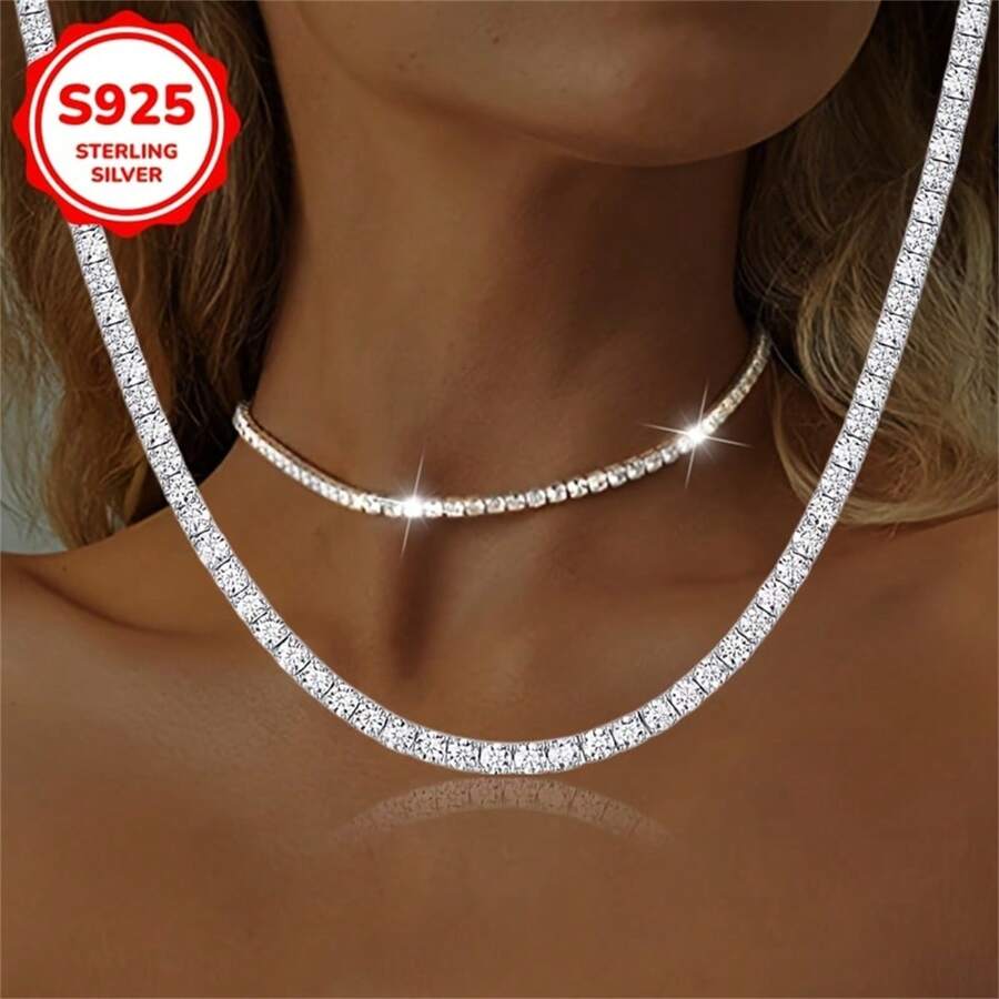 1 Collier cravate mode pour femme, chaîne de clavicule empilable, rangée simple super flashy de zirconium synthétique étincelant, 2g argent 925 incrusté de zirconium synthétique, cadeau pour banquet, usage quotidien, vacances