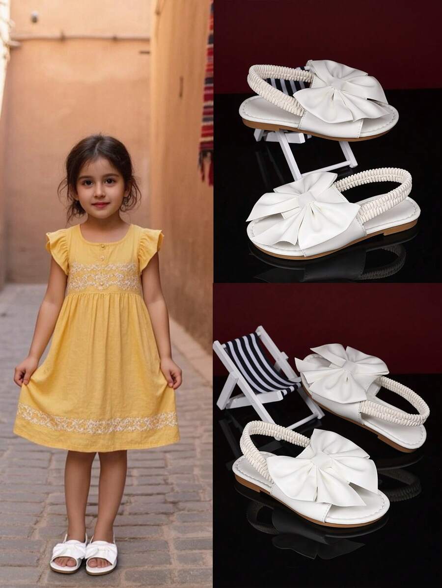 1 Pair Brown Toddler Girls' Flat Sandals, Solid Color PU, Bow Decor Elastic Backstrap, Open Toe, Roman Style Casual Beach Sandals Suitable For 3-15 Years Old Girls, Summer New Arrival