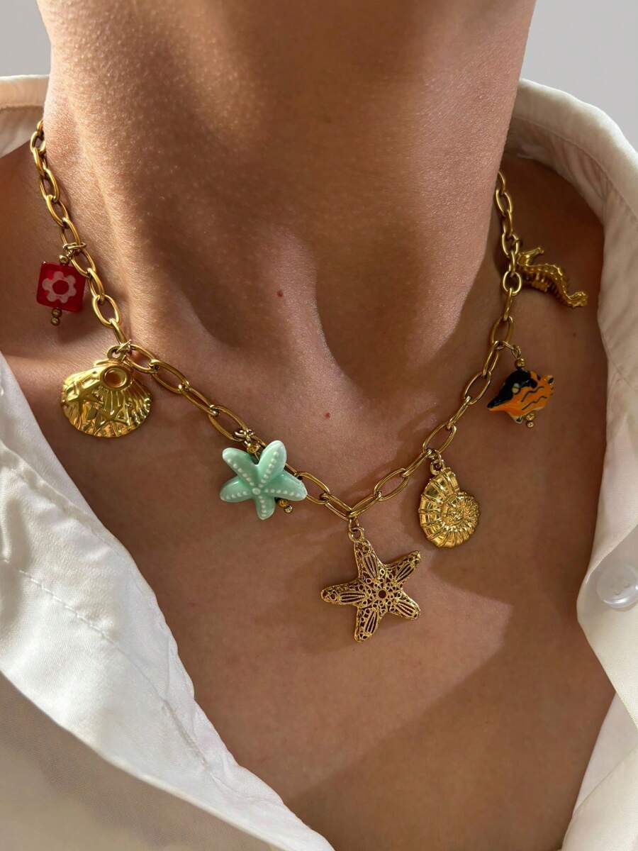 1pc Luxurious Design Minimalist Ocean Theme Glass Ceramic Stainless Steel Sea Star, Seahorse, Shell Multi-Pendant Necklace, Women Jewelry