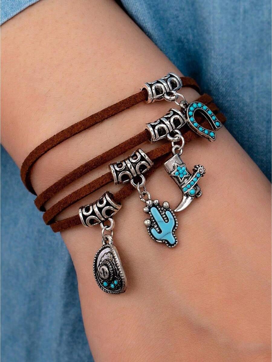 1 pezzo Stivali da cowboy in stile occidentale, Cappello da cowboy, Set di collana e bracciale vintage a più pendenti decorativi per donne