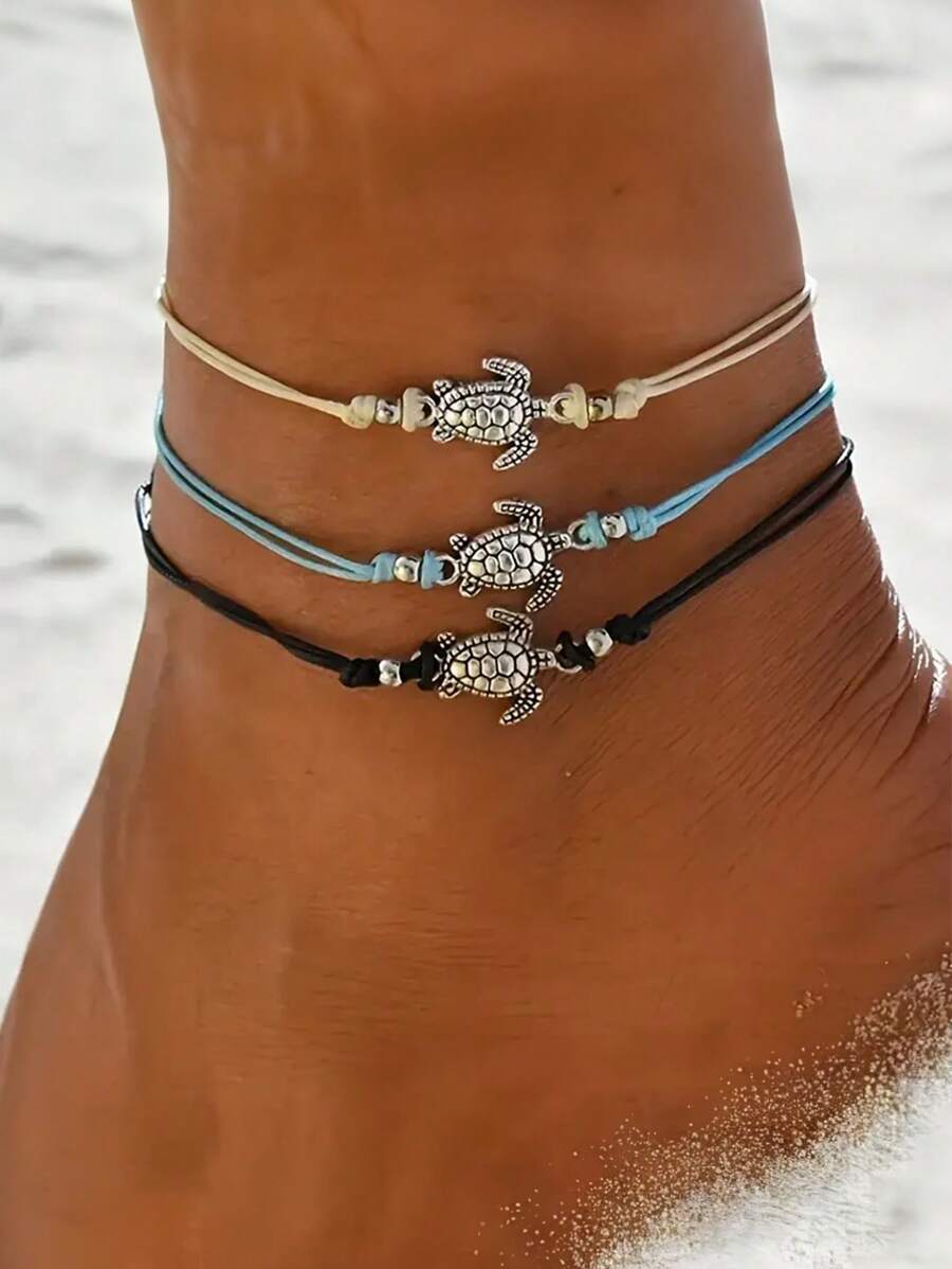 Conjunto de 3 peças de tornozeleiras ajustáveis, estilo boêmio, vintage, estilo praia, feitas à mão, para tartaruga marinha, joias para presente diário para mulheres