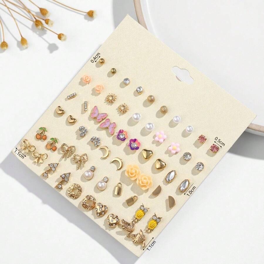 1 set de 30 pares de pendientes de moda para mujeres, fabricados en aleación de zinc con diseños de mariposa, corazón y otros broches de acero inoxidable sin chapado, hipoalergénicos, adecuados para uso diario y vacaciones, diseñados especialmente para mujeres