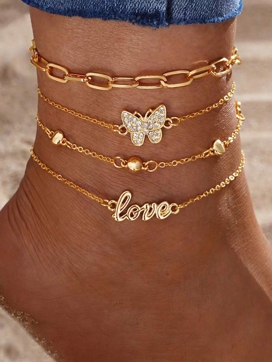 4pcs Stylish Multi-Layer Butterfly & Letter Charm Anklet, Vintage Multi-Layer Pendant Foot Jewelry, Elegant Gift Anklet For Women, Suitable For Daily Accessories, Vacation, Dates, Gifts, Shopping, Parties