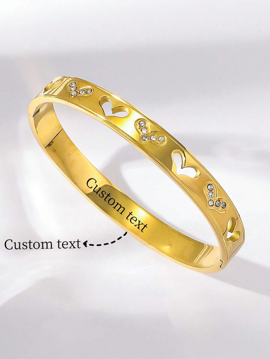 1pc Fashionable 18K Stainless Steel Hollow Heart Shape Zirconia Engraved Wide Cuff Bracelet, Suitable For Women Daily Or Festival Gifts