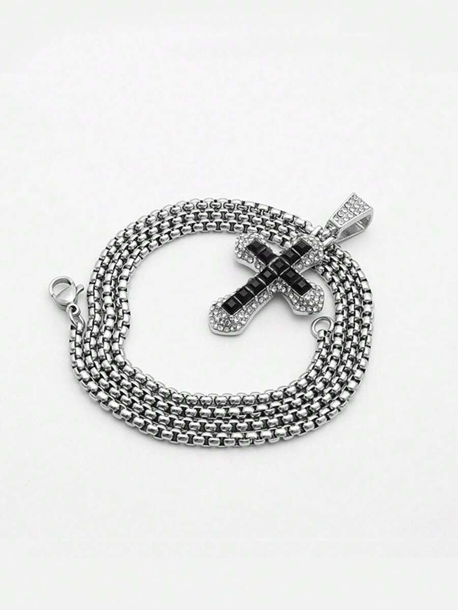 1pc Full Rhinestone Crucifix Pendant Necklace, Stainless Steel Cubic Zirconia Long Chain Sweater Necklace