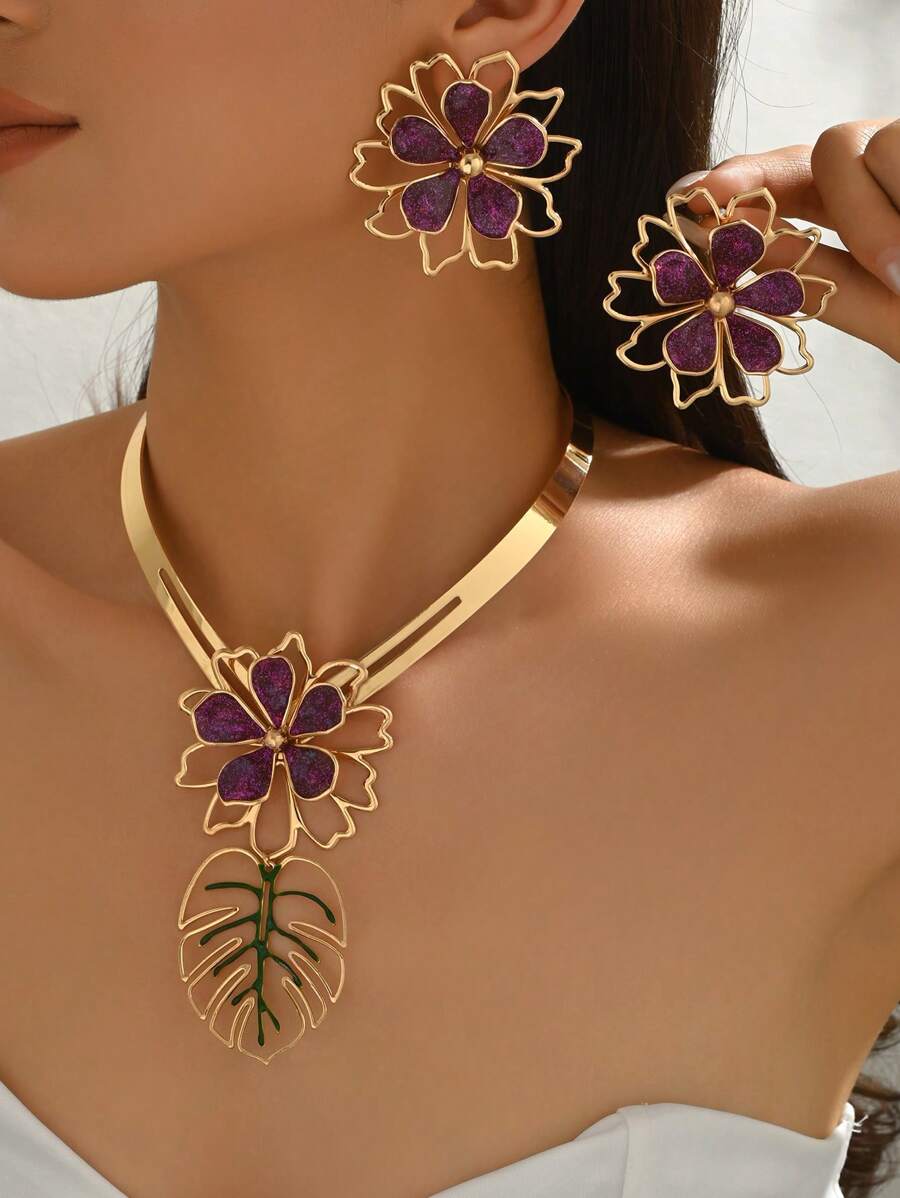 Set de 3 piezas de collar + pendientes con diseño de flor hueca de gota de aceite de estilo bohemio y colorido para mujeres, adecuado para uso diario, casual, playa, cita, fiesta, regalo