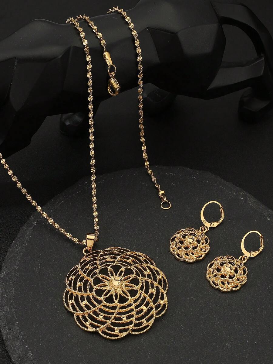 3pcs/Set Gold Hollow Flower Pendant Long Chain Necklace + Earrings Women Jewelry Set, Bridal Wedding Jewelry, Gift For Wife
