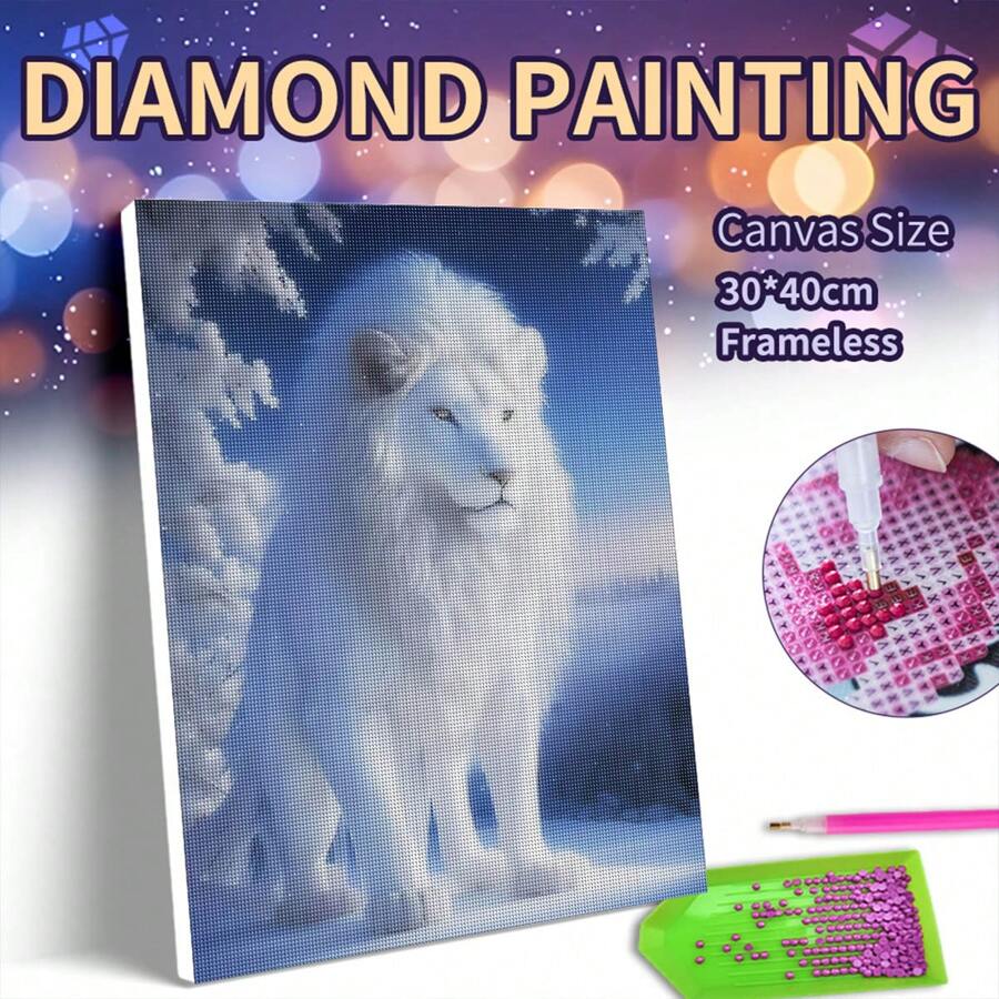 5D DIY Diamond Painting Kit 30x40cm Full Drill Canvas, White Lion Design, Perfect For Home Picture Of Rhinestones Wall Decor And Holiday Gift
