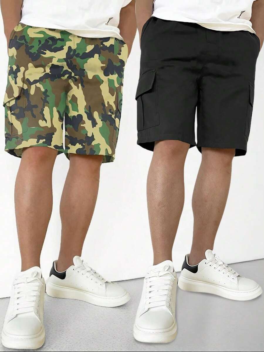2pcs Teen Boys' Camouflage And Black Pocketed Utility Shorts For Casual And Outdoor Activities, Spring/Summer