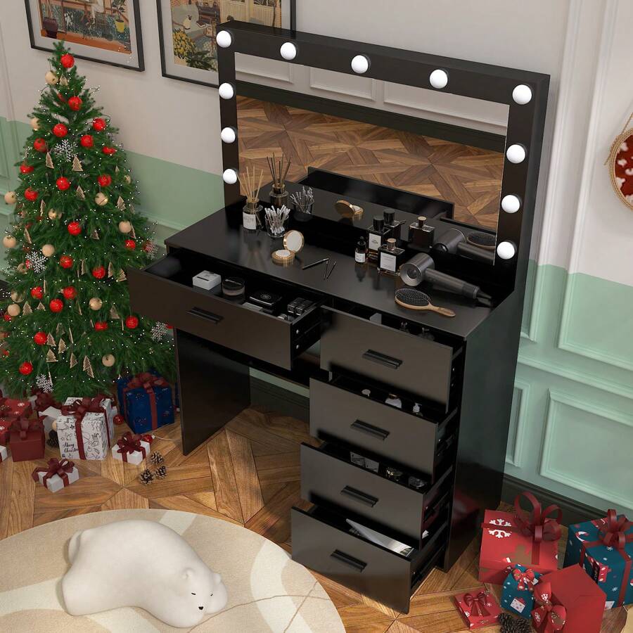 INS Style Premium Black Scandinavian-Luxurious Solid Wood LED Make-Up Mirror Table | One Piece Workstation + Large Drawer Storage | Girly Princess Make-Up Area | In Stock | Fast Delivery