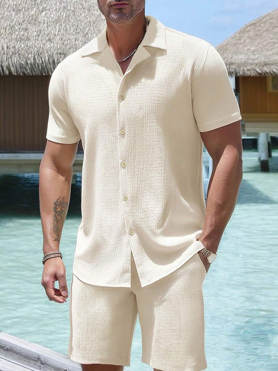 2 pezzi Set, camicia a manica corta larga con ricamo alla moda e pantaloni casual, outfit da coppia abbinato adatto per marito/fidanzato, vacanza al mare