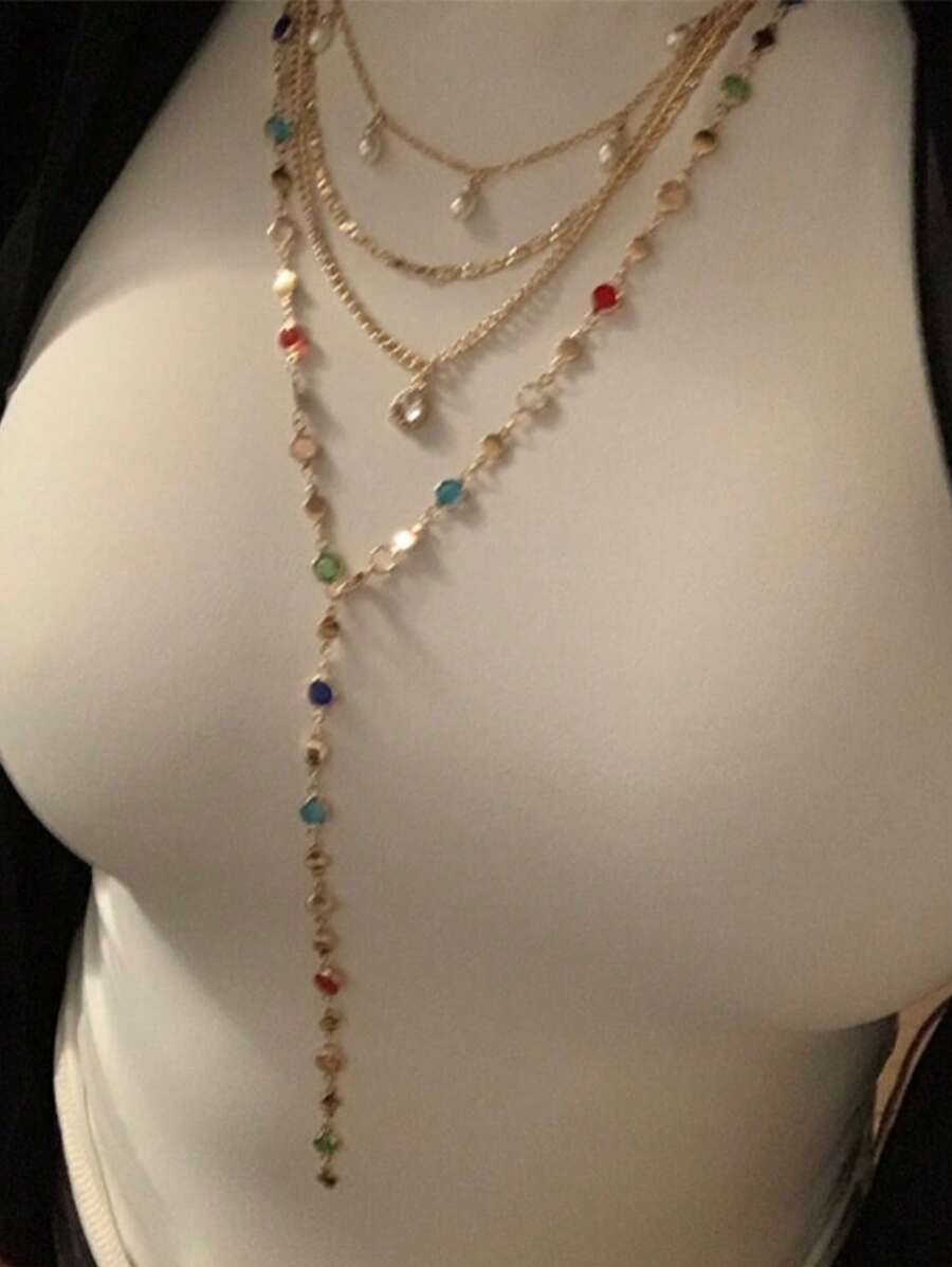 1pc New Bohemian/Golden/Silver Beaded Y-Necklace, Suitable For Party, Banquet, Vacation, Summer, Beach, Random Colored Rhinestones