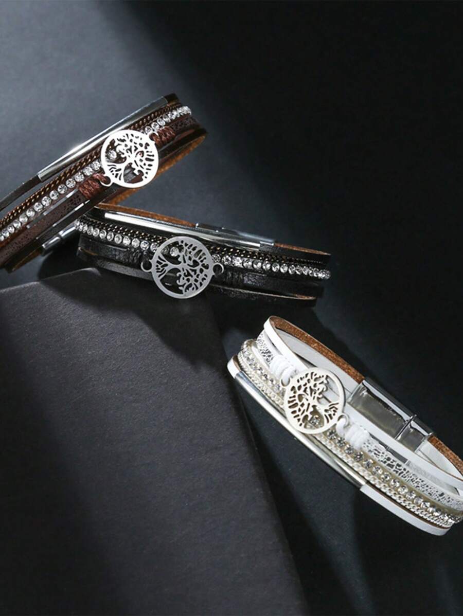 Bracelet de manchette style bohème en PU avec arbre de vie en cristal, convient pour les tenues de femme