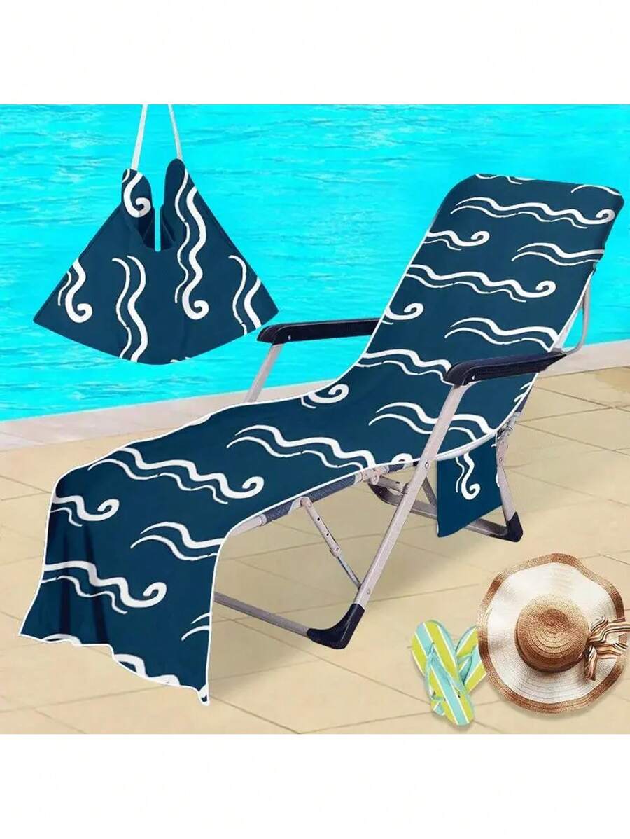 1pc Beach Wave Series Lounge Chair Cover, Summer Exclusive Collection, Quick-Dry Microfiber Towel Pool Chaise Lounge Cover, Beach Towel Chair Cover With Pocket, Holiday Decor, Travel Essential