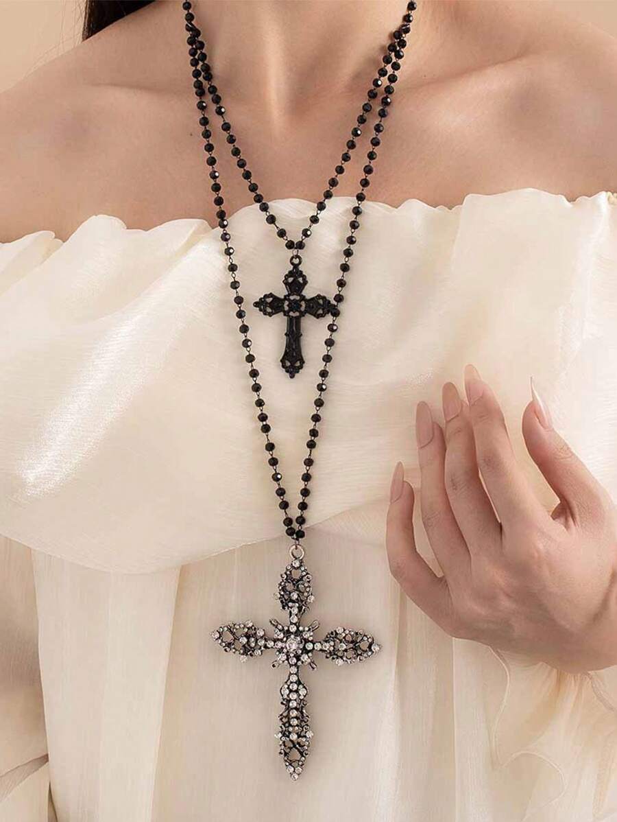 1pc Multi-Layer Cross Pendant Necklace, Black Metal Faux Crystal Zirconia, Women Punk Goth Party Accessory, Match Daily Outfit