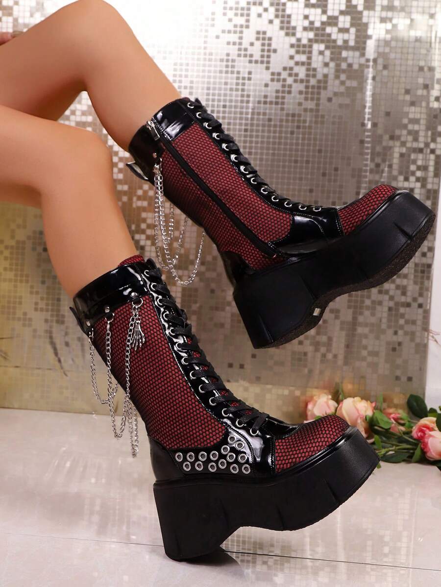 1 Pair Contrast Color Gothic Y2K Punk Street Nightclub Side Zipper Lace-Up Metal Chain Mid-Calf Boots