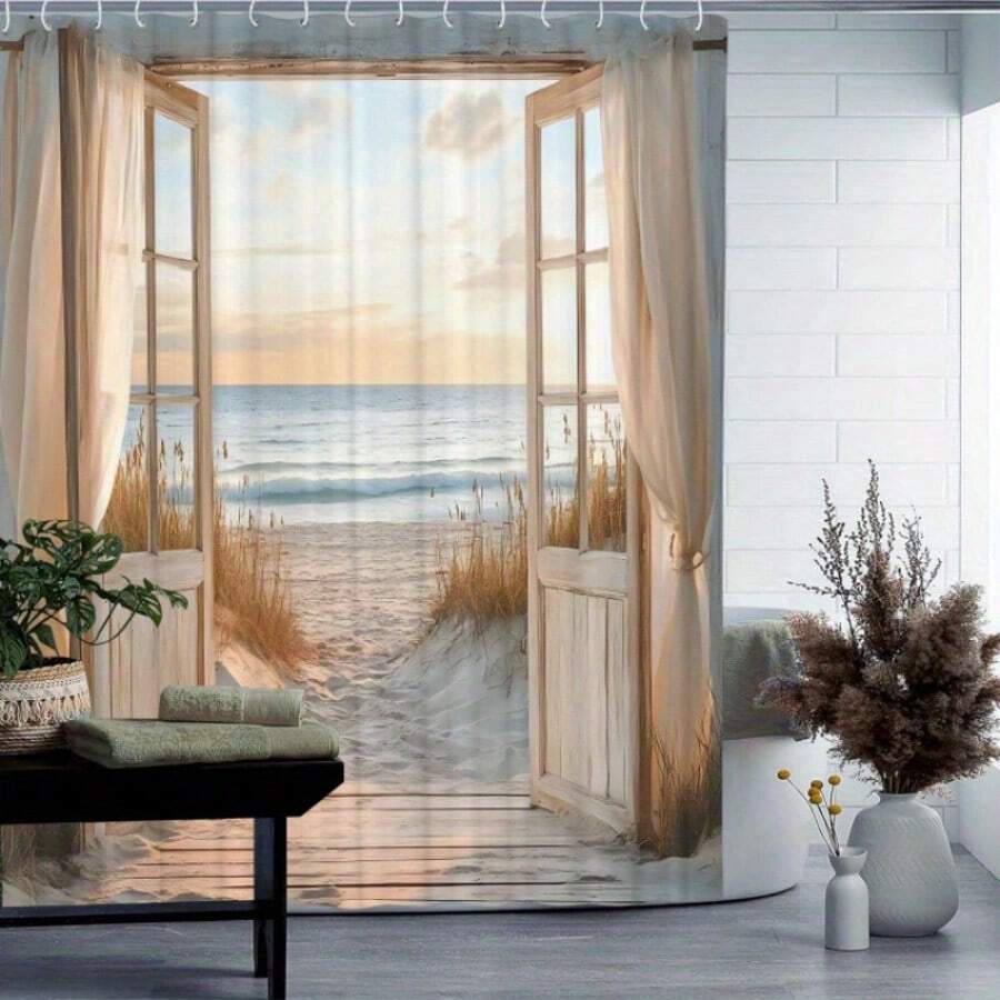 1pc Artistic Wooden Door Pattern Shower Curtain, With 12 Hooks - Waterproof, Machine Washable, Suitable For Home, Hotel Or Room Decoration Back To School