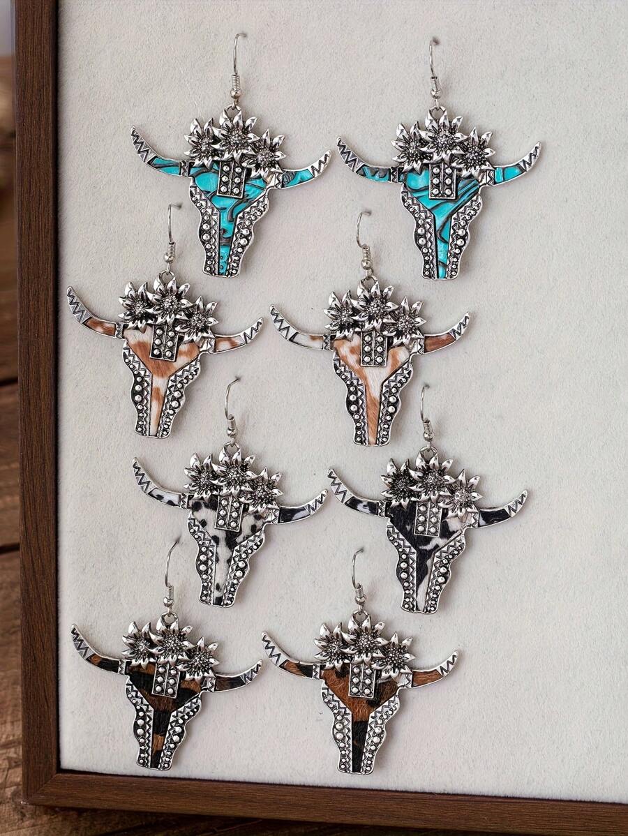 1 par de pendientes colgantes tipo gota con estampado de cabeza de toro de girasol y estampado leopardo en estilo vintage western, adecuado para vacaciones, uso diario y regalos (patrones surtidos al azar)