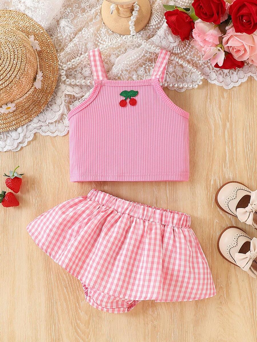 2pcs Baby Girl Summer Outfit Set 2025 - 3D Cherry Embroidered Camisole & Plaid Romper, Lightweight Infant Clothes(Age 3-6M,6-12M,12-24M)