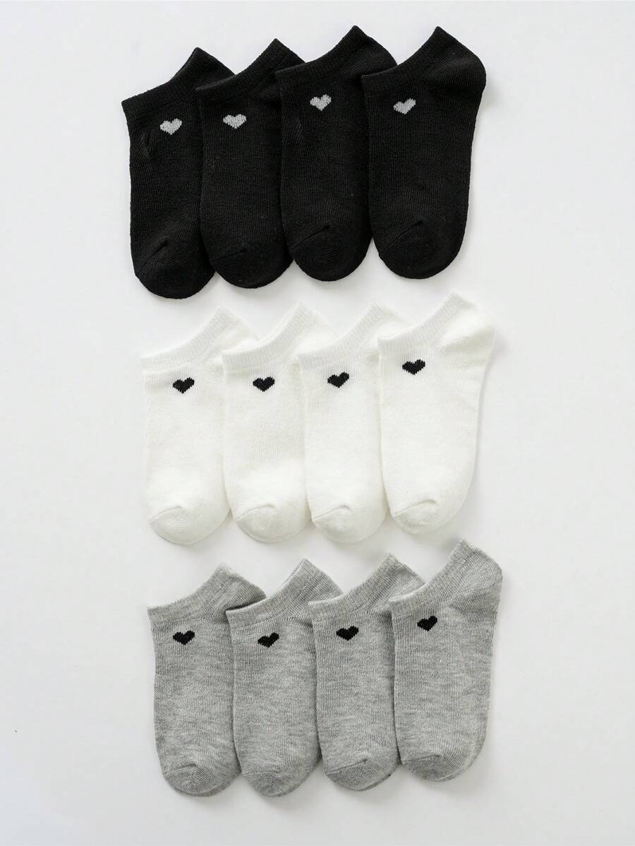 10 pares/12 pares de calcetines tipo tobillero con estampado de corazón para niños, en negro/blanco/gris, cómodos y versátiles, aptos para niñas, para primavera/otoño
