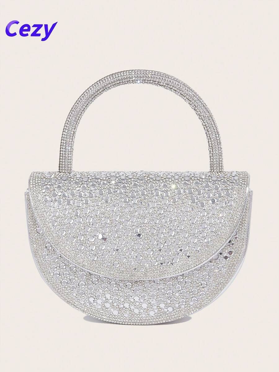 Cezy 1 pieza Elegante bolso de mano plateado de strass, forro de poliéster resistente - Correa para el hombro desmontable y cierre magnético - Clutch ligero para la noche, adecuado para bodas, fiestas y eventos formales