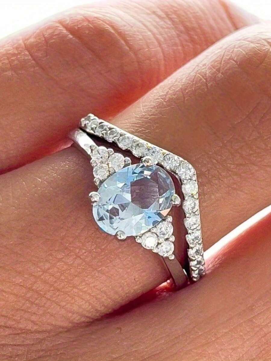 Anel de prata luxuoso para mulheres, 2 peças, elegante, moderno, com incrustações de metal, zircônia brilhante, joia de casamento e noivado