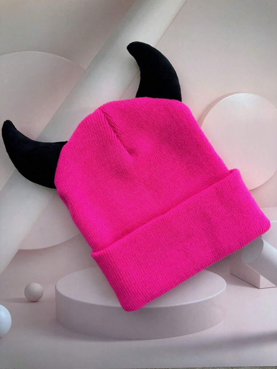 1 pièce Bonnet tricoté à corne de dessin animé en acrylique unisexe, mignon et chaud