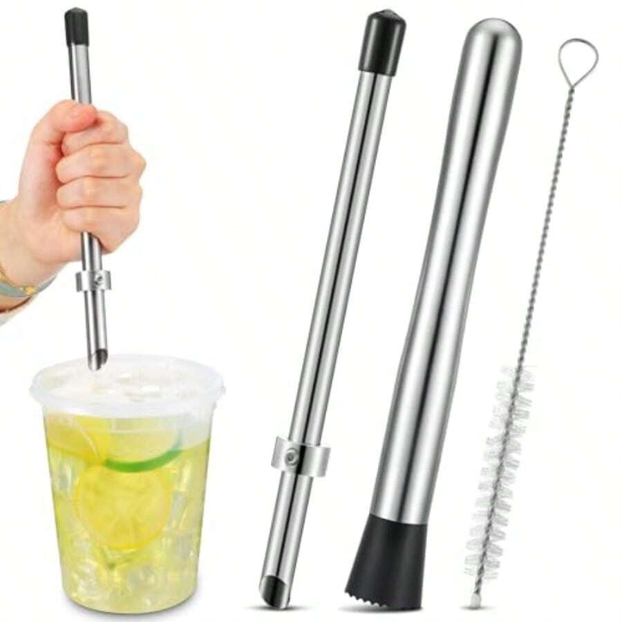 2 Pcs Straw Puncher And Muddler For Lemonade Plastic Lids Cups Straw Hole Puncher 304 Stainl Steel Muddler Fresh Squeezed Lemonade Stand Supplies