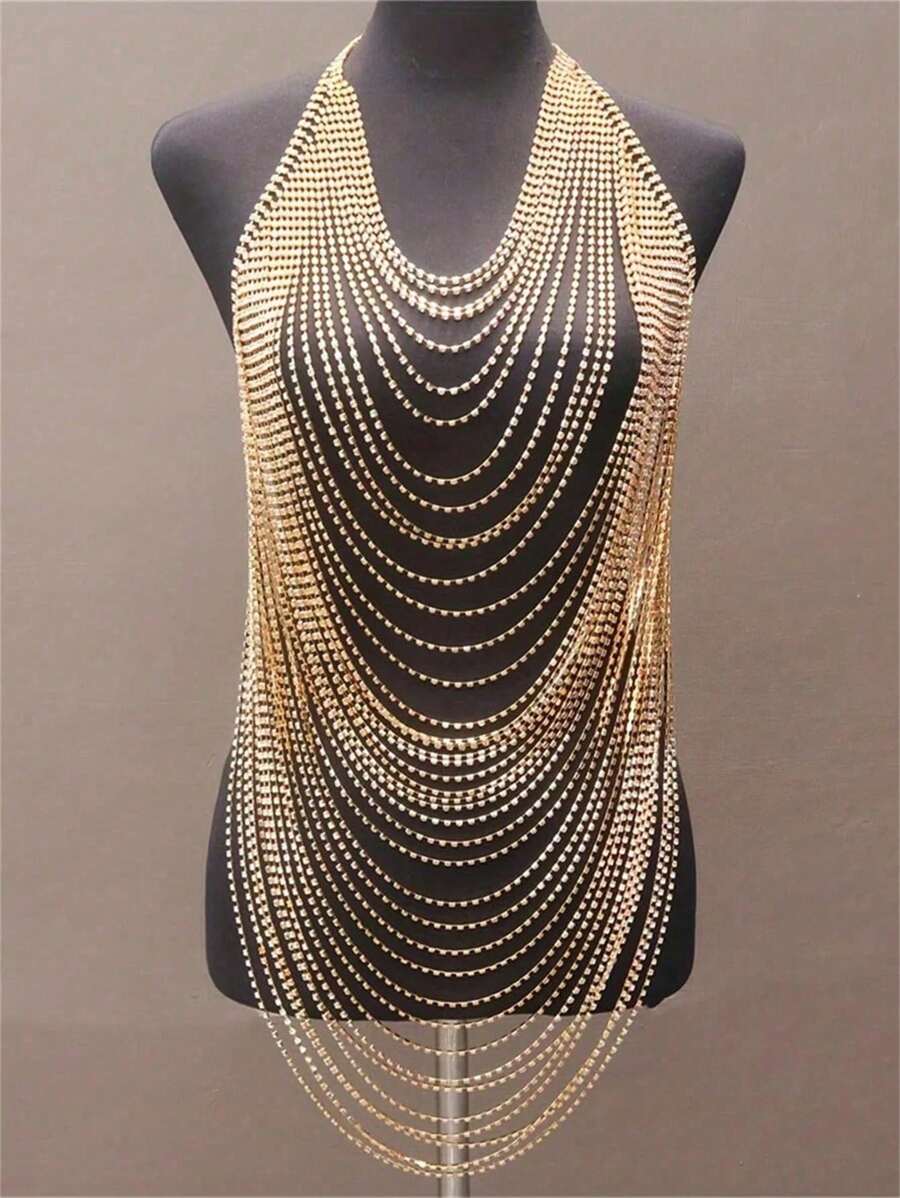 1pc Sexy Multilayer Crystal Tassel Body Chain, Glitter Jewelry Dramatic Chest Chain, Goth Bikini Accessory