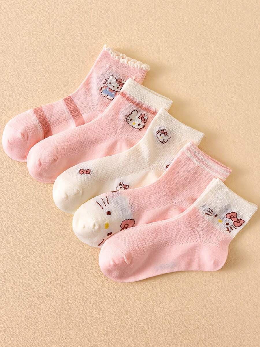 Sanrio 5 pares de calcetines de bebé de Hello Kitty, calcetines infantiles rosas de dibujos animados y adorables, calcetines para el hogar, adecuados para todas las estaciones