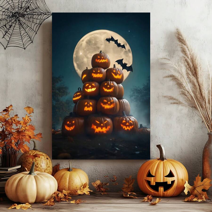 1 Piece, Halloween Pumpkin Pile With Different Expressions, Background With Moon And Bats, Retro Frameless Art Decoration Painting, Printed Poster Mural, Waterproof Canvas, Suitable For Home, Office, Bedroom, Living Room, Study, Bathroom, Bar, Mural And Home Decoration, Is An Ideal Holiday Gift