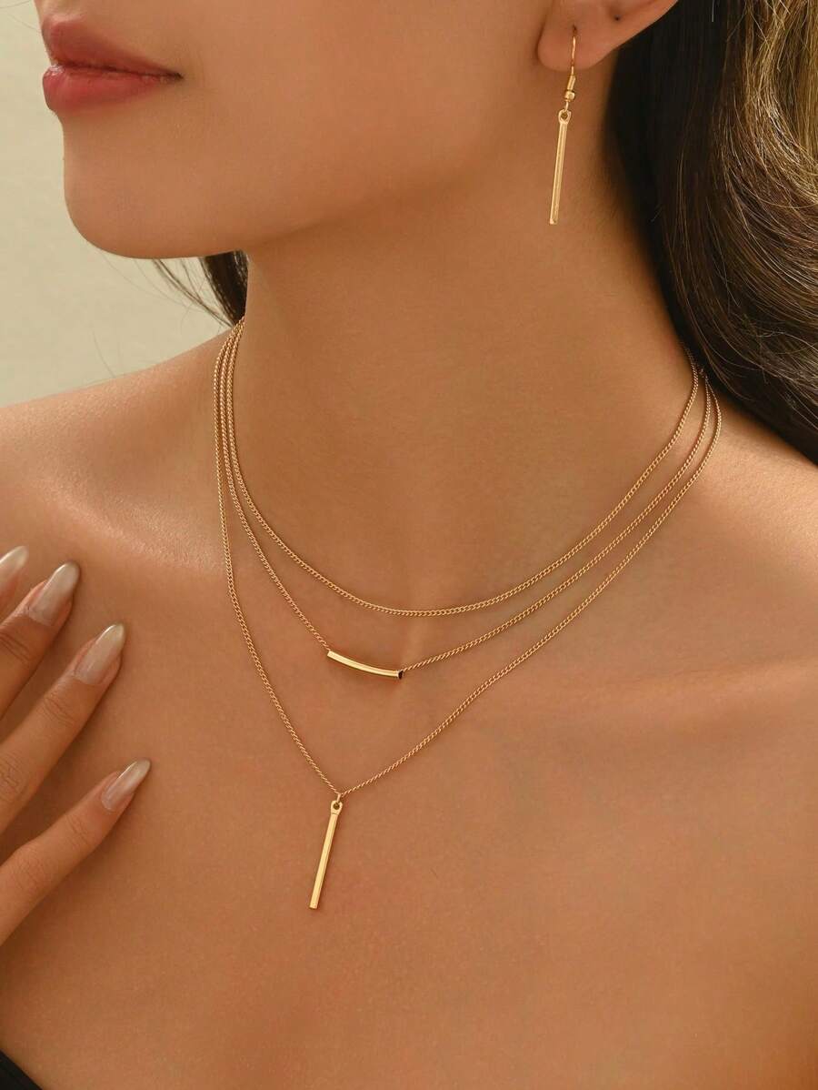 3 Stücke bohemian Stil Schmuckset für Frauen, minimalistisch goldene geometrische lange Halskette + Ohrringe, einzigartiges Geschenkset, europäischer und amerikanischer Stil