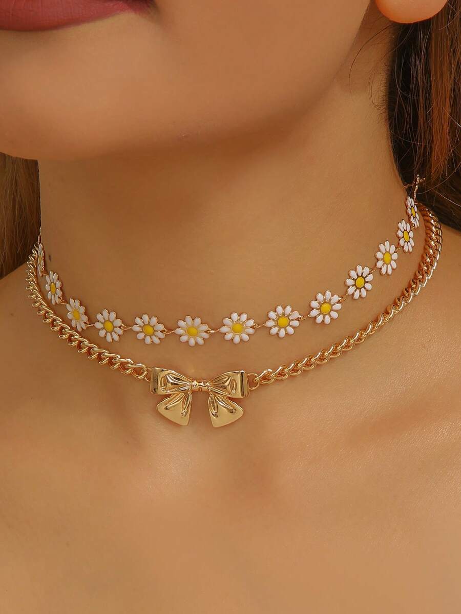 2 Stücke/Set Sommer Gänseblümchen Metall Schleifen Choker Halskette, Blumen Tropfen Öl Schmetterling Design Schmuck, geeignet für den täglichen Gebrauch