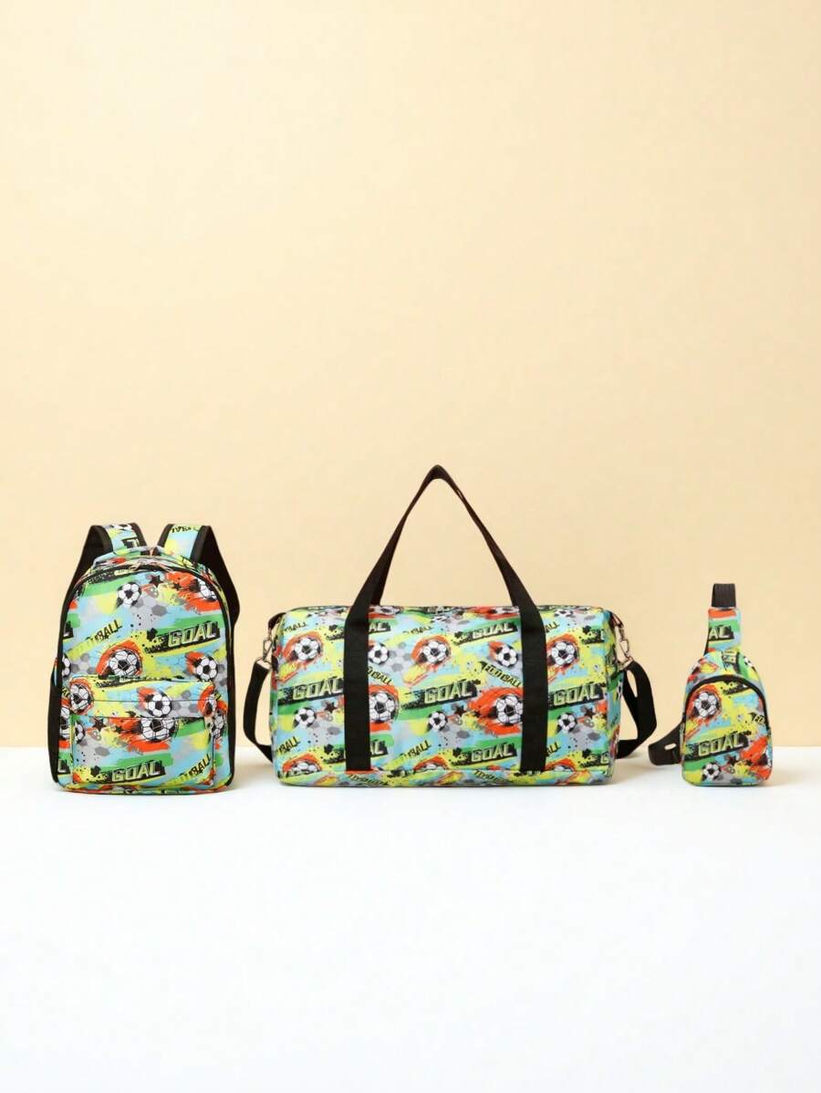 3PCS Back To School Backpack Travel Bag, Fashionable And Casual Cute Cartoon Football Print Travel Bag, Including Chest Bag, Luggage Bag, Clothing Storage Bag, Large Capacity Combination Bag. Suitable For Daily School, Very Suitable For Campus, Class, Photo, And Birthday Gifts For Friends. Suitable For Daily Business Trips, Outdoor Travel, Going Out, Outdoor Leisure Sports And Other Daily Use. Zipper And Print Positions Are Random.