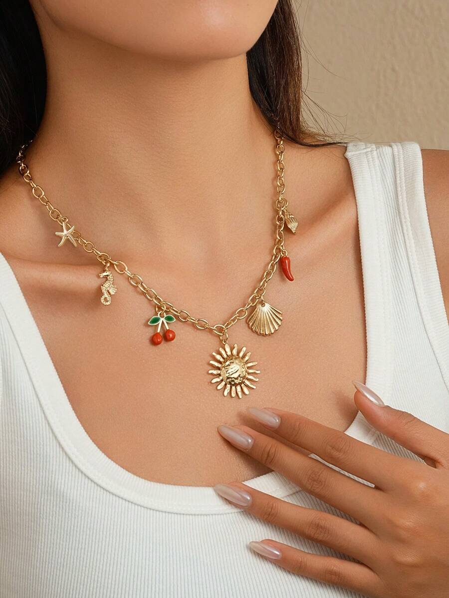 1 pieza Collar de estilo ecléctico, con cadena dorada, dijes de estrella de mar, caballito de mar y chile dulce, con vibra de vacaciones de verano, moda personalizada dulce y retro, artículo de regalo único para outfit de playa