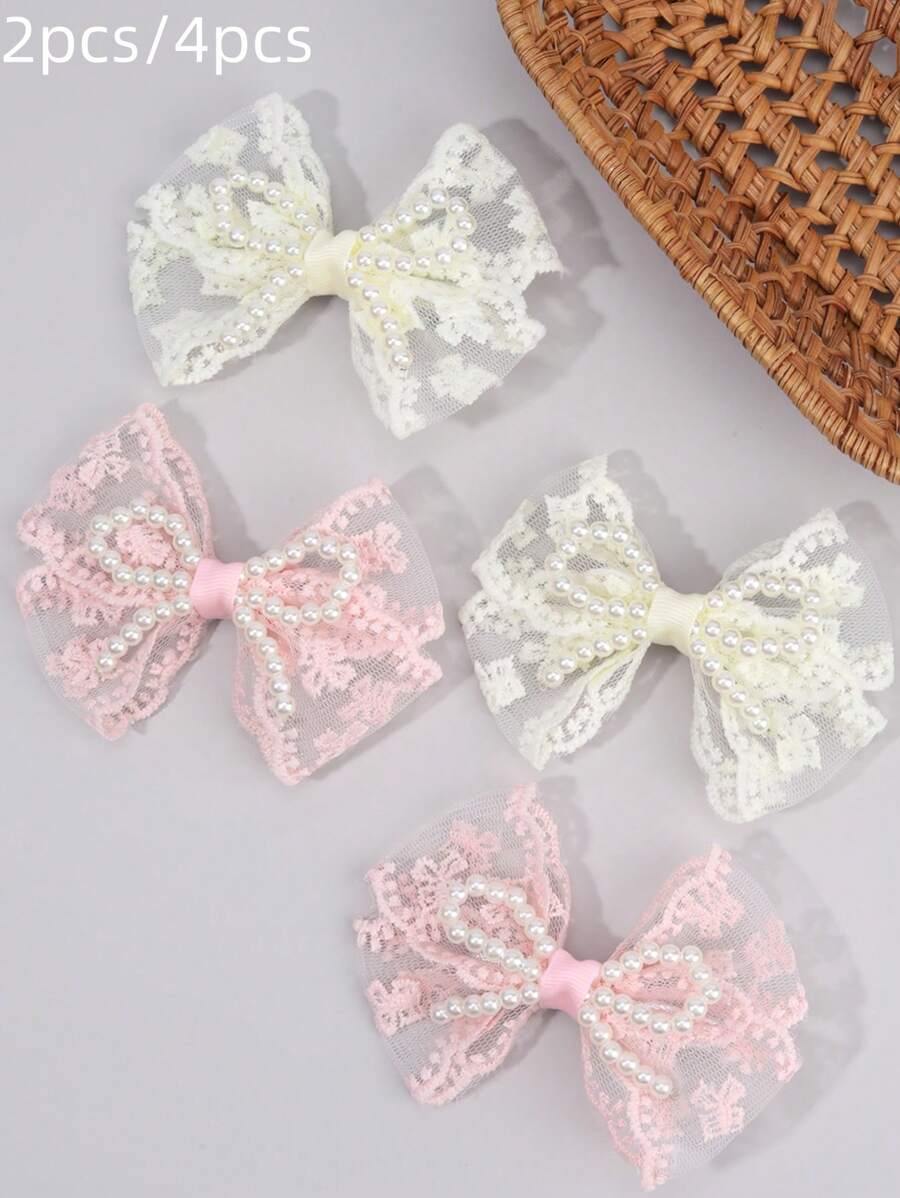 2 piezas/4 piezas Pinzas para el cabello con lazos de tul rosa y blanco para niñas, lazos de perlas artificiales, accesorios elegantes para el cabello para uso diario de adolescentes como regalo