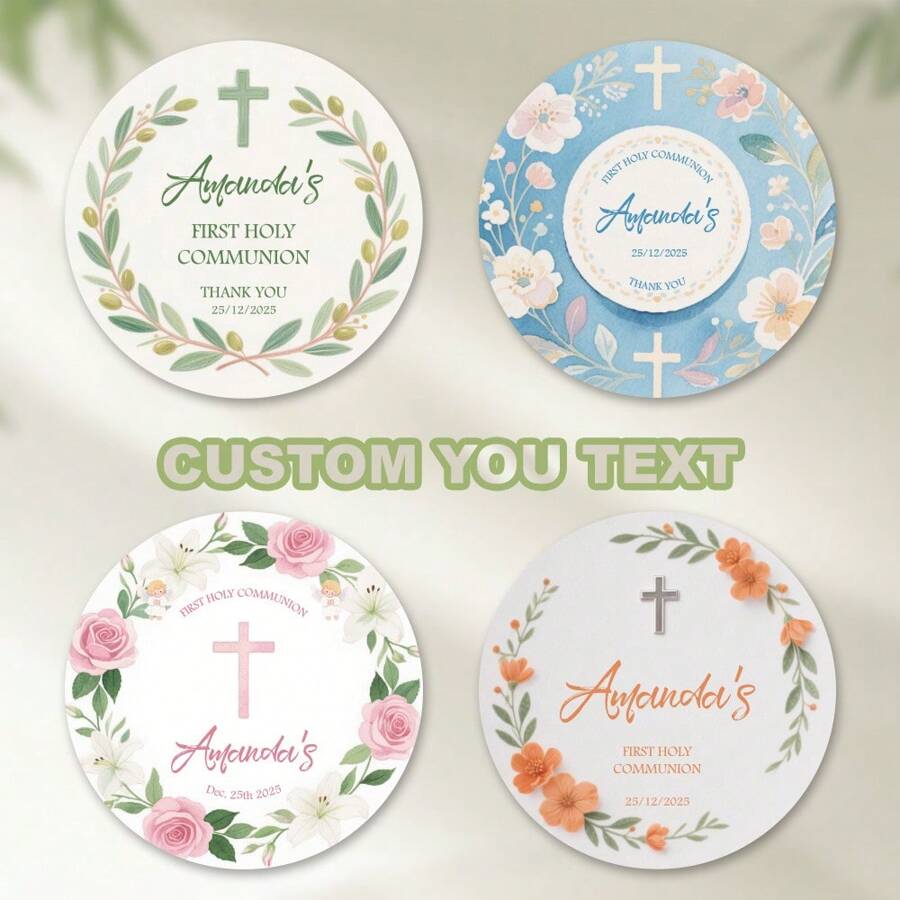 100 Pcs 5cm Spanish Baptism Stickers, First Holy Communion Favor Stickers, Golden Green Eucalyptus Leaf Design, 1st Holy Communion Greenery Gold Cross, Gift Wrapping, Baby Shower Favors, Church Events, Favor Personalized Stickers, High-Quality, Colorful, Custom, Baptism Set Of, Personalized, Anniversaries, Birthdays, Housewarming, Graduation School Supplies,Back To School