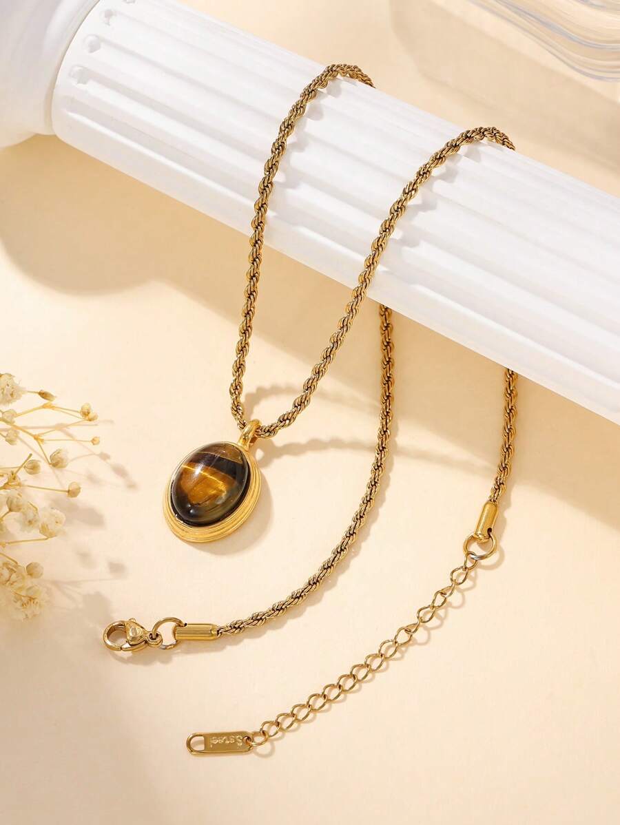 1pc Stainless Steel Gold Twisted Chain Necklace With Oval Tiger Eye Stone Pendant, Suitable For Women's Daily Decoration Or Gift